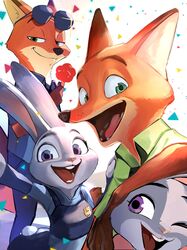  2020 absurd_res anthro black_nose buckteeth canid canine clothed clothing confetti dipstick_ears disney duo ear_markings eyewear female food fox fully_clothed fur gidora_(artist) gloves_(marking) green_eyes grey_body grey_fur hi_res holding_food holding_object judy_hopps lagomorph leporid light lighting looking_at_viewer male mammal markings multicolored_ears nick_wilde one_eye_closed open_mouth open_smile orange_body orange_fur pawpsicle pink_nose police police_uniform popsicle purple_eyes rabbit red_fox selfie smile sunglasses teeth tongue true_fox uniform wink zootopia 