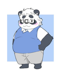  2022 anthro bear black_body black_nose blush bottomwear chibi clothing eyewear giant_panda glasses inunoshippo kemono low_res male mammal overweight overweight_male sasayama_akira shirt shorts simple_background solo topwear vtuber white_body 