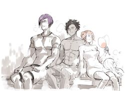  2boys 2girls alternate_hairstyle braid claude_von_riegan closed_eyes closed_mouth commentary dark-skinned_male dark_skin fire_emblem fire_emblem:_three_houses highres hilda_valentine_goneril lorenz_hellman_gloucester lying lysithea_von_ordelia mixed-sex_bathing multiple_boys multiple_girls naked_towel on_back parted_lips pectorals pink_hair purple_hair sauna shared_bathing short_hair short_sleeves shorts single_braid sitting sweat topless_male towel yourfreakyneighbourh 