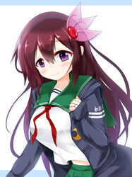  alternate_breast_size blue_jacket blush breasts brown_hair cowboy_shot crescent crescent_pin female green_sailor_collar green_skirt hair_between_eyes hair_ornament highres jacket jewelry kantai_collection kisaragi_(kancolle) kisaragi_kai_ni_(kancolle) kisaragi_mizuto long_hair long_sleeves looking_at_viewer medium_breasts neckerchief purple_eyes red_neckerchief ring sailor_collar school_uniform serafuku shadow skirt solo white_background 