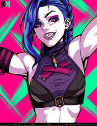  absurdres arcane:_league_of_legends arcane_jinx armpits artist_name asymmetrical_bangs blue_hair braces braid breasts bullet_necklace crop_top ear_piercing earrings female freckles green_background grin highres jewelry jinx_(league_of_legends) koiarts league_of_legends long_hair looking_at_viewer medium_breasts multicolored_background pale_skin piercing pink_background smile solo stomach teeth twin_braids 