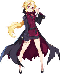  black_footwear blonde_hair coat disgaea disgaea_rpg female full_body long_hair long_sleeves necktie official_art open_clothes open_coat pencil_skirt pointy_ears ponytail professor_(disgaea) red_eyes round_eyewear simple_background skirt solo turtleneck white_background 