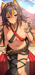  absurdres animal_ears bare_shoulders black_hair blonde_hair blue_eyes breasts brown_hair cleavage covered_nipples crossed_bangs dark-skinned_female dark_skin dehya_(genshin_impact) earrings english_commentary female genshin_impact gloves gold_trim hair_between_eyes halterneck highres jewelry large_breasts lessone long_hair looking_at_viewer multicolored_hair navel sidelocks single_earring solo stomach streaked_hair tan two-tone_hair 