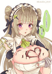  absurdres antenna_hair apron arm_cuffs ascot breast_strap breasts chest_strap chocolate chocolate_on_body chocolate_on_breasts cleavage collarbone double_bun female food_on_body frills goddess_of_victory:_nikke green_ascot green_hair hair_bun hair_ribbon handkerchief heart heart_antenna_hair highres i_(kotombre_0370) indoors large_breasts light_blush long_hair maid maid_apron maid_headdress purple_eyes ribbon sleeveless smile soda_(nikke) solo teeth twintails upper_body upper_teeth_only white_apron 