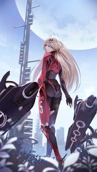  ass black_gloves blonde_hair bodysuit closed_mouth eyepatch female from_behind full_moon gloves hair_ornament hairclip highres kaoming long_hair moon nemesis_(tower_of_fantasy) red_bodysuit red_eyes solo tower tower_of_fantasy very_long_hair walking 