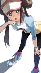  bent_over black_pantyhose blush breasts brown_hair dot_nose double_bun doughnut_hair_bun female green_eyes hair_bun hand_up highres leaning_forward long_hair long_sleeves open_mouth pantyhose pantyhose_under_shorts pokemon pokemon_bw2 raglan_sleeves rosa_(pokemon) shirt shoelaces shoes shorts simple_background solo tokumaro twintails visor_cap watch white_background wristwatch yellow_shorts 