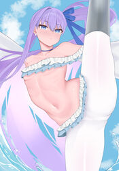  absurdres bare_shoulders bikini blue_eyes blue_ribbon blue_sky blush breasts choker collarbone earrings fate/grand_order fate_(series) female frilled_bikini frills hair_ribbon highres jewelry leg_up long_hair long_sleeves looking_at_viewer meltryllis_(fate) meltryllis_(swimsuit_lancer)_(fate) meltryllis_(swimsuit_lancer)_(third_ascension)_(fate) navel pantyhose puffy_sleeves purple_hair ribbon side_ponytail sky small_breasts solo split standing standing_on_one_leg standing_split swimsuit thighs very_long_hair water wennananyan wet white_pantyhose 