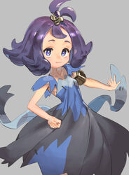  :3 acerola_(pokemon) armlet blue_dress closed_mouth collarbone commentary dress female flipped_hair grey_background grey_dress hair_ornament hairclip highres medium_hair multicolored_clothes multicolored_dress outstretched_arm pokemon pokemon_sm purple_eyes purple_hair short_sleeves simple_background smile solo stitches tanakalma topknot torn_clothes torn_dress 