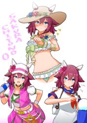  absurdres alternate_costume amatuki0930 animal_ears belt blue_eyes blush breasts character_name commentary_request cosplay female flower hair_flower hair_ornament highres horse_ears horse_girl horse_tail ines_fujin_(umamusume) ines_fujin_(umamusume)_(cosplay) matikanefukukitaru_(umamusume) matikanefukukitaru_(umamusume)_(cosplay) medium_breasts mejiro_mcqueen_(ripple_fairlady)_(umamusume) mejiro_mcqueen_(umamusume) mejiro_mcqueen_(umamusume)_(cosplay) midriff mihono_bourbon_(umamusume) multiple_views navel notice_lines sakura_chiyono_o_(umamusume) smile swimsuit tail umamusume visor_cap white_background 