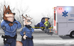  2022 accident ambulance anthro barricade_tape canid canine canis car_accident clothing crash crossed_arms disney duo felid feline female gun handgun holster holstered_pistol lynx male male/female mammal paramedic partners pistol police police_officer police_tape police_uniform psakorn_tnoi ranged_weapon russell_wolfson snow snowing tammy_rys uniform weapon wolf zootopia 