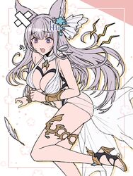  animal_ears bandaid breasts cleavage commentary dress erune feathers female floral_background flower gold_footwear granblue_fantasy grey_hair hair_flower hair_ornament high_heels highres korwa korwa_(summer)_(granblue_fantasy) large_breasts ll_0109 long_hair official_alternate_costume open_mouth purple_eyes sandals see-through see-through_skirt showgirl_skirt simple_background skirt solo sweatdrop thighlet thighs vambraces white_background white_dress white_skirt 