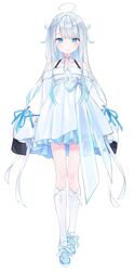  ahoge amatsuka_uto amatsuka_uto_(1st_costume) bare_shoulders blue_eyes blue_footwear blue_hair breasts closed_mouth clothing_cutout detached_sleeves dress female full_body hair_ornament hairclip halterneck highres indie_virtual_youtuber kneehighs layered_dress long_hair long_sleeves looking_at_viewer nabi_(uz02) off-shoulder_dress off_shoulder official_art puffy_long_sleeves puffy_sleeves ribbon see-through simple_background sleeves_past_fingers sleeves_past_wrists small_breasts socks solo standing straight-on virtual_youtuber white_background white_dress 