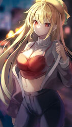  absurdres ahoge black_pants blonde_hair blurry blurry_background bokeh breasts cleavage closed_mouth cowboy_shot crop_top depth_of_field earrings expressionless female grey_jacket hamburger_hat hat highres hoop_earrings jacket jaduade jewelry jingburger large_breasts long_hair long_sleeves looking_at_viewer midriff navel open_clothes open_jacket pants red_eyes red_shirt shirt solo spaghetti_strap standing stomach undershirt very_long_hair virtual_youtuber waktaverse white_shirt 