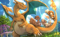  charizard charmander claws closed_mouth cloud commentary_request day fang_out fire flame-tipped_tail from_below grass growlithe looking_back no_humans oerba_yun_fang outdoors playground pokemon pokemon_(creature) sky tapioka_chaso vulpix 