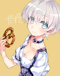  absurdres alternate_costume artist_logo bad_id bad_pixiv_id blue_eyes choker collarbone commentary_request cross dated dirndl duplicate female flat_chest food german_clothes grey_hair highres kantai_collection looking_at_viewer narumiya_(empty_cafe) pixel-perfect_duplicate pretzel short_hair simple_background solo upper_body yellow_background z1_leberecht_maass_(kancolle) z1_leberecht_maass_(oktoberfest_mode)_(kancolle) 