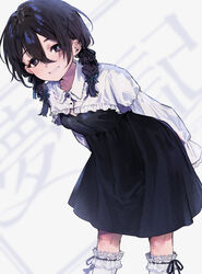  arms_behind_back bent_over black_dress black_hair black_ribbon black_theme braid breasts brown_eyes collar collarbone collared_shrug commentary_request cowboy_shot dress empire_waist female framed_cleavage frilled_collar frilled_socks frills grin hair_between_eyes hair_ribbon highres long_sleeves looking_at_viewer medium_dress medium_hair nikubou_maranoshin puffy_long_sleeves puffy_sleeves ribbon shrug_(clothing) sidelocks small_breasts smile socks solo twin_braids ukagaka white_background white_shrug white_socks yume_nikki_(ukagaka) 