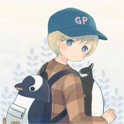  ayu_(mog) backpack bad_id bad_pixiv_id bag baseball_cap bird blonde_hair blue_hat bright_pupils closed_mouth female from_side gentoo_penguin grey_eyes hat long_sleeves looking_at_viewer looking_to_the_side original penguin short_hair signature solo striped_clothes striped_sweater sweater upper_body 