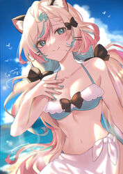  ahoge animal_ear_fluff animal_ears aqua_bikini aqua_eyes beach bikini bird blonde_hair blue_nails blush bow braid breasts cat_ears cleavage cloud cloudy_sky female hair_ornament hairclip highres kgr long_hair looking_at_viewer low_twintails millie_parfait navel nijisanji nijisanji_en ocean pink_nails sarong sky smile solo swimsuit twintails very_long_hair virtual_youtuber 