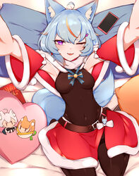  absurdres animal_ears armpits bell belt blue_hair bow cellphone choumi_wuti_(xueye_fanmang_zhong) christmas female food fox_ears fox_tail heart heart-shaped_pillow highres indie_virtual_youtuber looking_at_viewer md5_mismatch on_bed one_eye_closed orange_hair pantyhose phone pillow pocky purple_eyes sakuma_nemu simple_background soles solo tail virtual_youtuber 