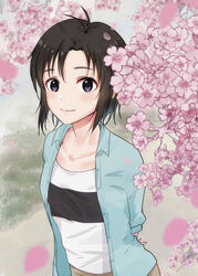  antenna_hair arms_behind_back black_eyes black_hair blue_shirt blue_sky blush breasts brown_pants cherry_blossoms cloud collarbone commentary_request female grass highres idolmaster idolmaster_(classic) idolmaster_2 kikuchi_makoto looking_at_viewer mogskg open_clothes open_shirt outdoors pants petals shirt short_hair short_sleeves sky small_breasts smile solo striped_clothes striped_shirt upper_body 