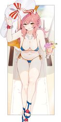  absurdres animal_ears beach bikini blue_bikini fate/grand_order fate_(series) female fox_ears fox_tail hat highres jewelry menea pink_hair sandals side-tie_bikini_bottom sun_hat swimsuit tail tamamo_(fate) tamamo_no_mae_(swimsuit_lancer)_(fate) tamamo_no_mae_(swimsuit_lancer)_(third_ascension)_(fate) yellow_eyes 