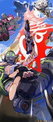  1boy 1other aircraft airplane ambiguous_gender animification apex_legends arms_behind_head assault_rifle black_headwear black_jacket bloodhound_(apex_legends) blue_eyes blue_jacket breasts cloud cyber_punked_wattson english_text eye_trail eyepatch falling female finger_gun fingerless_gloves fur_trim gloves goblin_(titanfall) goggles green_vest grey_shorts gun havoc_energy_rifle helmet highres holding holding_gun holding_weapon horns jacket light_trail mask mechanical_legs medium_breasts mouth_mask octane_(apex_legends) official_alternate_costume one_eye_covered pink_hair purple_lips rifle ryota-h sentinel_esr shorts sky smile vest wattson_(apex_legends) weapon young_blood_bloodhound 