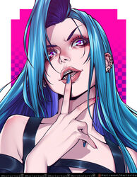  absurdres alternate_hairstyle asymmetrical_bangs bare_shoulders blue_nails border braces collarbone ear_piercing earrings fangs female finger_to_mouth hand_up highres jewelry jinx_(league_of_legends) koiarts league_of_legends long_hair looking_at_viewer nail_polish open_mouth piercing pink_background pink_eyes portrait red_eyes red_nails solo white_border 