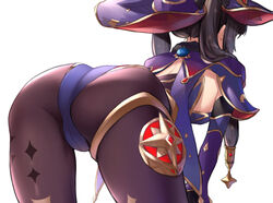  ass bent_over black_hair black_pantyhose bodystocking capelet commentary_request female from_behind genshin_impact hat highres kijibato_123-gou long_hair mona_(genshin_impact) pantyhose purple_hat simple_background solo twintails white_background witch witch_hat 