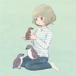  ayu_(mog) baby_penguin bad_id bad_pixiv_id bird blue_pants blue_sweater blush bright_pupils denim female from_side green_background green_hair green_socks grey_eyes jeans jewelry long_sleeves necklace original pants parted_lips penguin short_hair signature simple_background sitting socks solo star_(symbol) star_necklace striped_clothes striped_sweater sweater wariza 