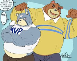  2020 animal_crossing anthro bear belly blush bottomwear brown_body brown_fur closed_eyes clothing curt_(animal_crossing) deadanthro duo english_text fur humanoid_hands male mammal nintendo overweight overweight_male pants shirt teddy_(animal_crossing) text text_on_clothing text_on_shirt text_on_topwear topwear 