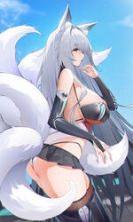  absurdres animal_ear_fluff animal_ears ass azur_lane bare_shoulders bikini blue_eyes blush breasts bridal_gauntlets female fox_ears fox_tail genera-x highres large_breasts long_hair miniskirt multiple_tails official_alternate_costume race_queen shinano_(azur_lane) shinano_(moonlit_chrome)_(azur_lane) skirt solo swimsuit tail thighhighs thighs very_long_hair 