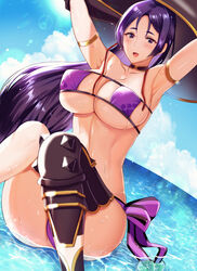  armlet armpits arms_behind_head bare_shoulders beach bikini blush breasts choker cleavage collarbone day eyepatch_bikini fate/grand_order fate_(series) female highres large_breasts long_hair looking_at_viewer meesuke minamoto_no_raikou_(fate) minamoto_no_raikou_(swimsuit_lancer)_(fate) minamoto_no_raikou_(swimsuit_lancer)_(first_ascension)_(fate) ocean parted_bangs purple_bikini purple_eyes purple_hair side-tie_bikini_bottom sitting sky smile solo swimsuit very_long_hair 