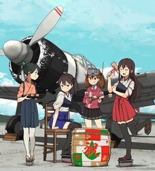  4girls :d a6m_zero aircraft airplane akagi_(kancolle) akagi_kai_ni_(kancolle) annin_musou barrel black_hair black_hakama black_skirt black_thighhighs blue_hakama blue_sky blush brown_eyes brown_hair closed_eyes cloud commentary_request day fairy_(kancolle) grin hakama hakama_short_skirt hakama_skirt hishaku holding holding_mallet holding_tray houshou_(kancolle) japanese_clothes kaga_(kancolle) kaga_kai_ni_(kancolle) kagami_biraki kantai_collection kariginu kimono long_hair magatama mallet masu multiple_girls multiple_views muneate okobo open_mouth outdoors pink_kimono pleated_skirt ponytail propeller red_legwear red_shirt ryuujou_(kancolle) sake_barrel sandals shirt side_ponytail sitting skirt sky smile standing standing_on_one_leg tabi tasuki thighhighs tray tsurime twintails type_0_fighter_model_21 visor_cap white_legwear wooden_chair zettai_ryouiki 