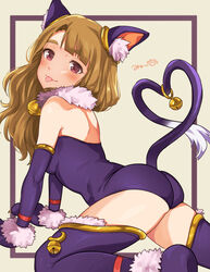  all_fours animal_ear_fluff animal_ears animal_hands ass bare_shoulders bell blush breasts brown_eyes cat_ears cat_girl cat_tail commentary_request elbow_gloves female fur_collar gloves hanamasa_ono highres idolmaster idolmaster_million_live! jingle_bell leotard light_brown_hair long_hair looking_at_viewer medium_breasts miyao_miya neck_bell paw_gloves simple_background solo tail thick_eyebrows thighhighs thighs tongue tongue_out wavy_hair 