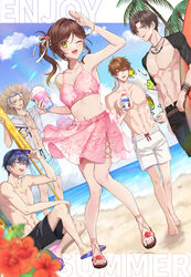  4boys ;d abs arm_up armpits artem_wing_(tears_of_themis) beach bikini bikini_skirt black_jacket black_male_swimwear blue_eyes blue_male_swimwear blue_sky breasts brown_eyes brown_hair cleavage cloud cloudy_sky cross-laced_sandals cup disposable_cup drinking_straw earrings eyewear_on_head feet female flip-flops food full_body gladiator_sandals green_eyes grey_jacket hat highres hizaki_sui holding holding_food holding_removed_eyewear holding_surfboard holding_swim_ring innertube jacket jewelry juice legs long_hair looking_at_viewer luke_pearce_(tears_of_themis) male_swimwear male_underwear marius_von_hagen_(tears_of_themis) multiple_boys muscular muscular_male navel necklace one_eye_closed open_clothes open_jacket open_mouth outdoors palm_tree pink_bikini pink_footwear pink_skirt ponytail purple_eyes purple_hair rosa_(tears_of_themis) sand sandals shaved_ice short_hair sitting skirt sky sleeveless sleeveless_jacket smile standing stomach straw_hat summer sunglasses surfboard swim_ring swimsuit tears_of_themis toenails toes topless_male tree underwear unworn_eyewear vyn_richter_(tears_of_themis) water white_hair white_male_underwear yellow_eyes 