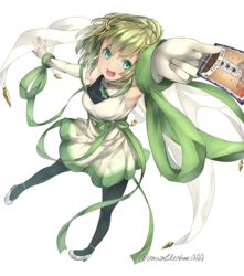  :d anna_mel aqua_eyes arm_up armpits bare_shoulders black_pantyhose blunt_bangs blush breasts card commentary_request detached_sleeves dress english_text female floating_hair from_above full_body green_hair green_ribbons green_theme grey_footwear high_heels highres holding holding_card jewelry legs_apart looking_at_viewer magia_record:_mahou_shoujo_madoka_magica_gaiden magical_girl mahou_shoujo_madoka_magica medium_breasts necklace open_mouth outstretched_arm pantyhose perspective pumps ribbon shoes short_dress short_hair simple_background sleeveless sleeveless_dress smile smoke solo soul_gem standing standing_on_one_leg starry_sky_print strappy_heels tarot tarot_(card) teeth the_tower_(tarot) tower twitter_username unusablenameaaa upper_teeth_only v-shaped_eyebrows veil white_background white_dress 