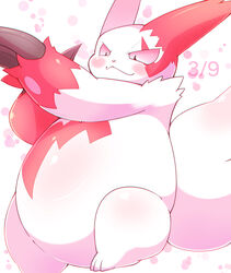  :3 absurd_res belly blush claws cosith dotted_background fur generation_3_pokemon hi_res male nintendo pattern_background pink_eyes pokemon pokemon-specific_day pokemon_(species) simple_background solo white_background white_body white_fur zangoose zangoose_day 