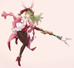  alternate_costume animal_ears bracelet breasts cosplay english_commentary fake_animal_ears female fire_emblem fire_emblem_awakening fire_emblem_heroes full_body gloves green_eyes green_hair hair_ribbon highres holding holding_staff jewelry large_breasts long_hair minerva_(fire_emblem) minerva_(fire_emblem)_(cosplay) minerva_(spring)_(fire_emblem) pantyhose pointy_ears ponytail rabbit_ears ribbon sakuremi simple_background smile solo staff tiara tiki_(adult)_(fire_emblem) tiki_(fire_emblem) 