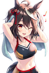  ;d ahoge animal_ears arms_up bare_arms bare_shoulders black_hair breasts cleavage collarbone commentary_request crop_top female hair_between_eyes highres holding holding_towel horse_ears horse_girl horse_tail kitasan_black_(umamusume) looking_at_viewer medium_breasts musical_note navel one_eye_closed quarter_note red_eyes simple_background smile solo tail tomo_(tmtm_mf_mf) towel two_side_up umamusume wet white_background 