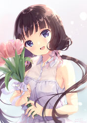  :d absurdres bare_arms bare_shoulders blend_s blue_eyes blush bouquet breasts brown_hair collared_dress commentary_request dated dress female flower head_tilt highres holding holding_bouquet long_hair low_twintails neki_(wakiko) open_mouth pink_flower round_teeth sakuranomiya_maika see-through sleeveless sleeveless_dress small_breasts smile solo teeth twintails twitter_username upper_teeth_only very_long_hair white_dress 