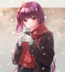  black_coat blush coat cup disposable_coffee_cup disposable_cup duffel_coat enpera female girls&#039;_frontline gloves hair_ornament hair_ribbon half_updo holding holding_cup long_hair looking_at_viewer official_alternate_costume one_side_up open_mouth print_scarf purple_hair red_eyes red_ribbon red_scarf ribbon scarf simple_background snowflake_hair_ornament snowflake_print solo upper_body urano_ura very_long_hair wa2000_(date_in_the_snow)_(girls&#039;_frontline) wa2000_(girls&#039;_frontline) white_gloves winter_clothes winter_coat 