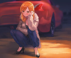  black_footwear black_shirt blue_pants blush breasts car cleavage closed_mouth coat commentary_request female full_body fur_coat hand_on_own_cheek hand_on_own_face high_heels long_hair long_sleeves looking_at_viewer momo_hiki motor_vehicle nissan nissan_370z nissan_fairlady_z orange_eyes orange_hair original outdoors pants personification shirt solo sports_car squatting vehicle_and_personification white_coat 