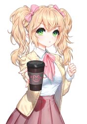  :o absurdres blonde_hair bow breasts brown_jacket brown_skirt collared_shirt commentary_request cup disposable_coffee_cup disposable_cup female green_eyes hair_between_eyes highres holding holding_cup jacket long_hair long_sleeves looking_at_viewer mabinogi medium_breasts nail_polish open_clothes open_jacket original outstretched_arm parted_lips pink_bow pink_nails player_character_(mabinogi) pleated_skirt pointy_ears raku_(clearpage) shirt sidelocks simple_background skirt sleeves_past_wrists solo twintails v-shaped_eyebrows white_background white_shirt 