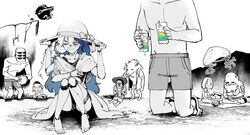  3girls 5boys =_= aurelia_(elden_ring) ball barefoot beach beachball beard blaidd_the_half-wolf blue_hair blush crack cracked_skin crossed_arms crossed_legs doll_joints drink elden_ring embarrassed everyone extra_arms extra_faces facial_hair flip-flops floating floral_print food fur giant hat head_out_of_frame highres innertube iron_fist_alexander jellyfish jewelry joints korean_commentary living_jar_(elden_ring) long_hair mask mnnnya multiple_boys multiple_girls open_clothes open_shirt outstretched_arms picnic plate preceptor_seluvis ranni_the_witch ring roderika_(elden_ring) sandals sandwich seiza simple_background sitting smile smithing_master_hewg snake spoilers spot_color sunglasses swim_ring swimsuit tarnished_(elden_ring) topless_male towel wading war_counselor_iji water wavy_hair wolf_boy zorayas 