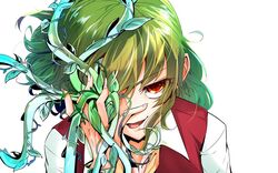  ascot eyebrows_visible_through_hair female green_hair hair_between_eyes image_sample itocoh kazami_yuuka leaf long_sleeves looking_at_viewer medium_hair open_mouth plant portrait red_eyes red_vest shirt smile solo touhou twitter_sample vest vines wavy_hair white_background white_shirt 