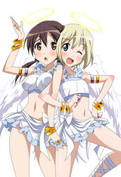  2girls :o ;d absurdres angel angel_wings ankle_lace-up armlet blonde_hair blue_eyes blush bow bracelet breasts brown_eyes brown_hair cosplay costume crop_top cross-laced_footwear duplicate erica_hartmann feathered_wings feathers flat_chest frills gertrud_barkhorn hair_ribbon halo halterneck hand_on_own_hip highres image_sample jewelry mc_axis medium_breasts midriff miniskirt multiple_girls navel one_eye_closed onoda_masahito open_mouth ribbon ring short_hair simple_background skirt smile strike_witches twintails vector_trace wings world_witches_series yandere_sample 