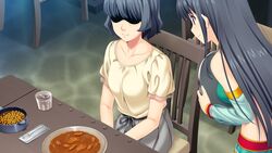  2girls black_eyes black_hair chair character_request food fukami_nagisa game_cg highres koutaro long_hair multiple_girls short_hair table tropical_kiss tropical_vacation twinkle_(company) twinkle_soft 