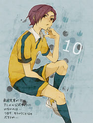  1boy bad_id bad_pixiv_id brown_eyes frown hand_on_own_chin inazuma_eleven_(series) inazuma_eleven_go lightning_bolt_symbol male_focus minamisawa_atsushi multicolored_eyes purple_hair raimon raimon_soccer_uniform soccer_uniform solo sportswear translation_request uniform_number yellow_eyes yudu_s 