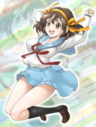  blue_sailor_collar blue_skirt brown_eyes brown_hair commentary_request female hair_ribbon hairband jumping kita_high_school_uniform ribbon sailor_collar school_uniform serafuku short_hair skirt skirt_flip solo suzumiya_haruhi suzumiya_haruhi_no_yuuutsu winter_uniform yaso_shigeru zoom_layer 