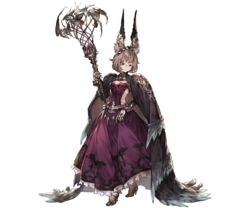  animal_ears breasts brown_hair cape cleavage constance_(granblue_fantasy) dress elbow_gloves erune feather_trim female full_body glasses gloves granblue_fantasy high_heels holding jewelry long_dress looking_at_viewer minaba_hideo official_art purple_dress purple_eyes short_hair small_breasts solo staff standing tiara transparent_background turtleneck 